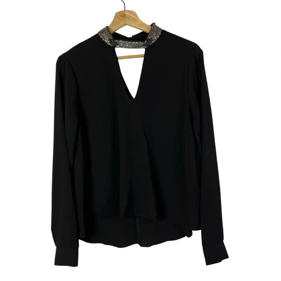 ASTR Black Silver Beaded Collar V-Neck Long Sleeve Top S - Picture 1 of 4